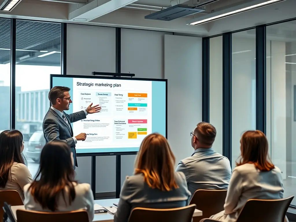 An image showing a consultant presenting a marketing plan to a small business team, highlighting key strategies for customer acquisition and brand awareness.