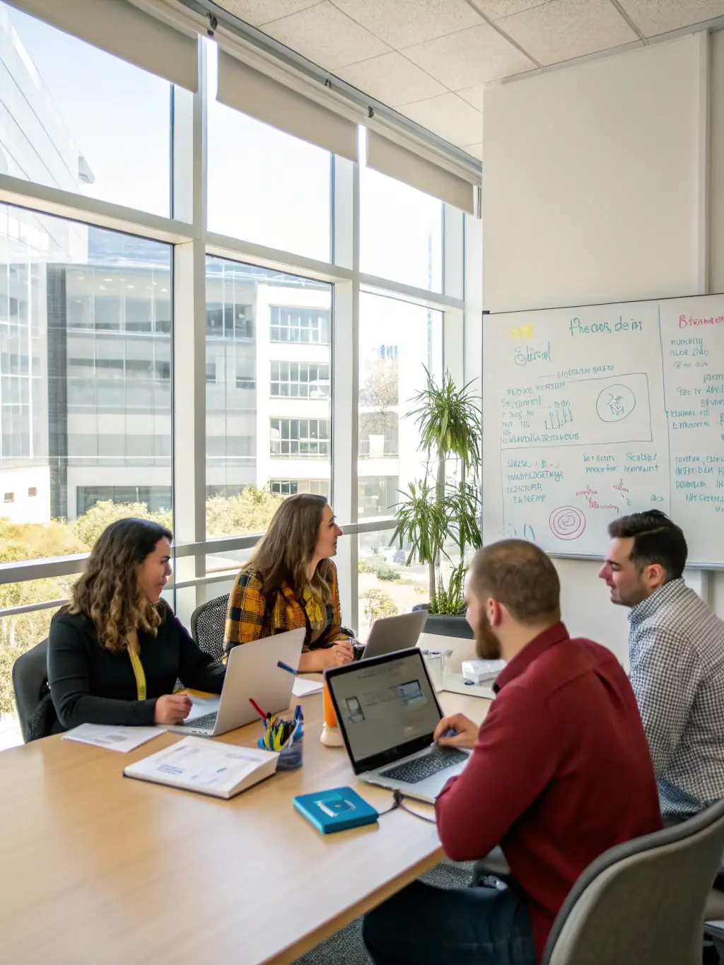 A diverse team of consultants brainstorming ideas in a modern office, emphasizing collaboration and innovative problem-solving for business challenges.