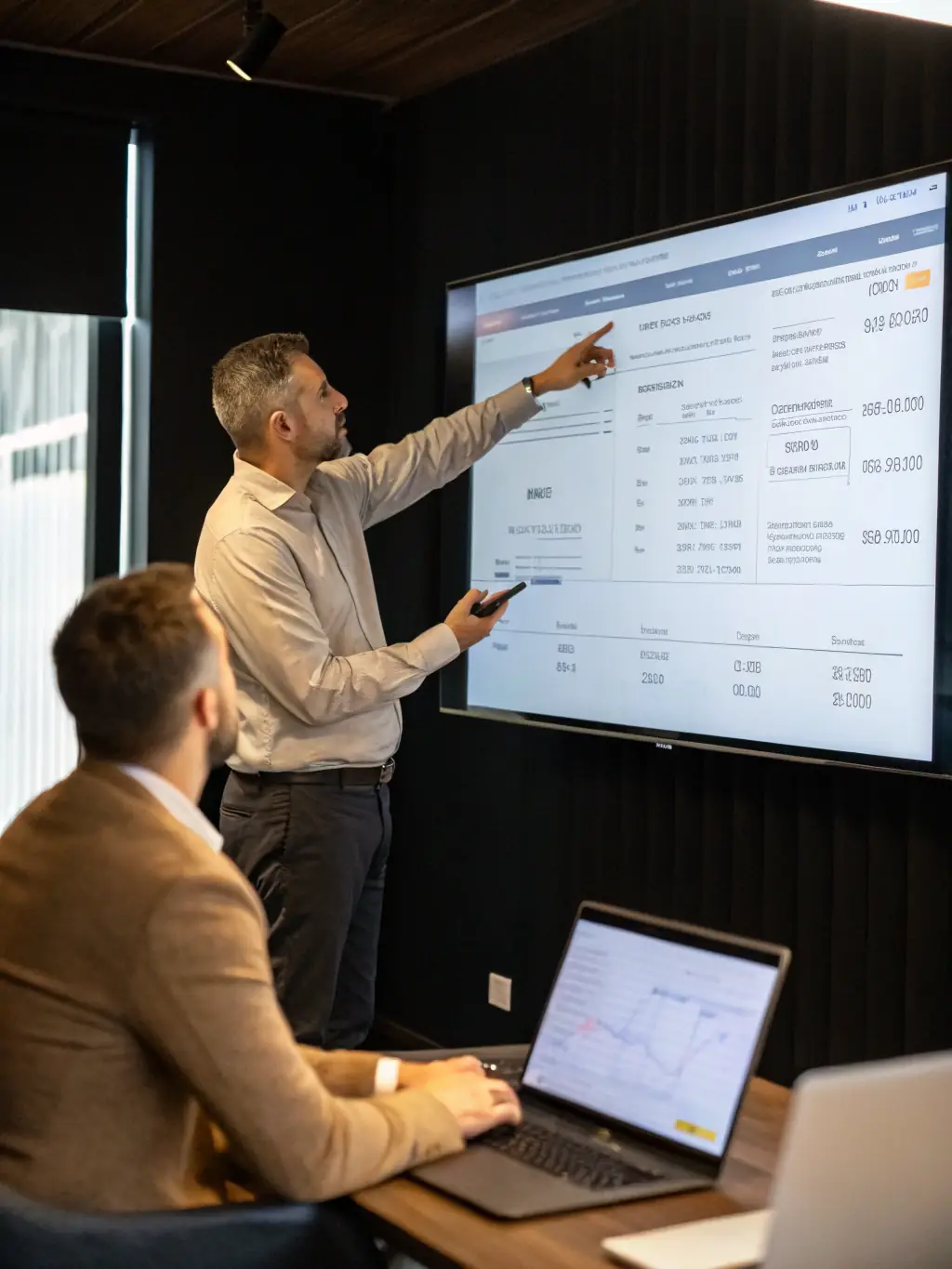 A coach guiding a business owner through a strategic planning session, using visual aids and a whiteboard to illustrate key concepts.