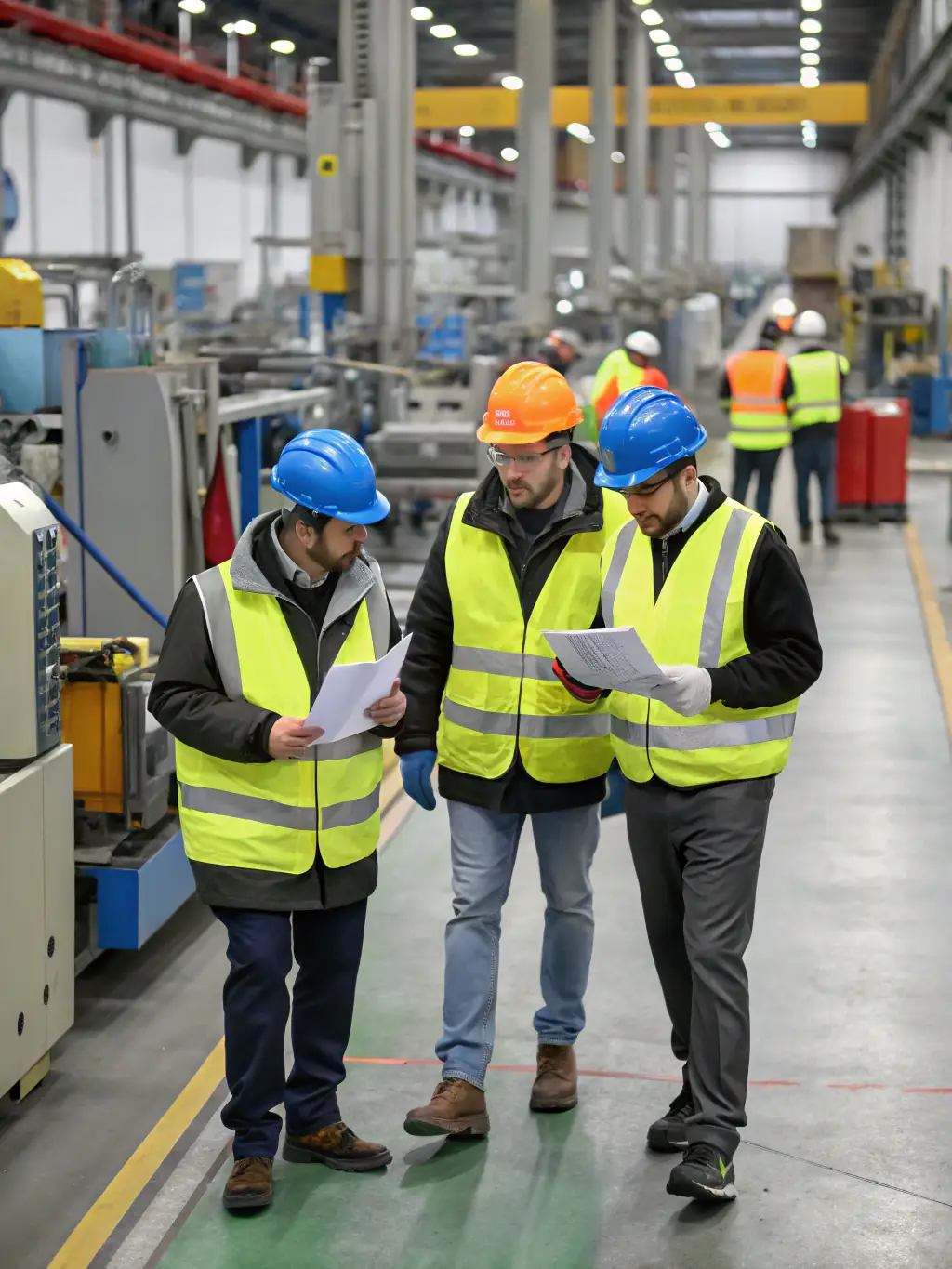A team of consultants working with a client's staff on a factory floor, optimizing workflows and processes for maximum efficiency.