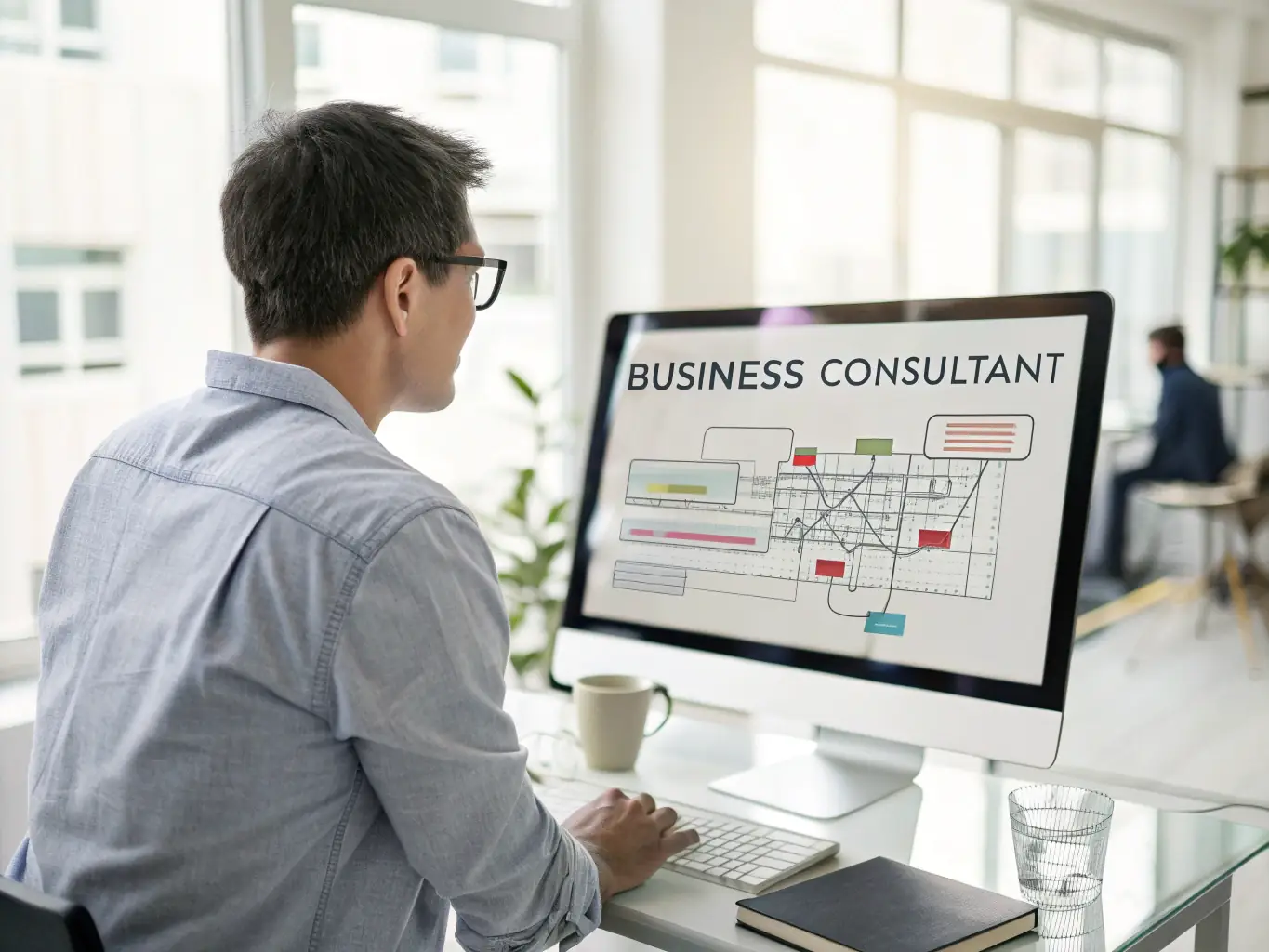 An image of a consultant working alongside staff in a busy office environment, analyzing processes. The consultant is observing the workflow and identifying areas for improvement, promoting efficiency and collaboration.