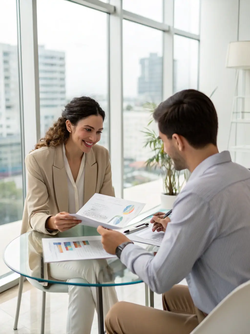 A consultant in a suit reviewing financial documents with a business owner in a modern office setting, emphasizing the detailed analysis of a business audit.