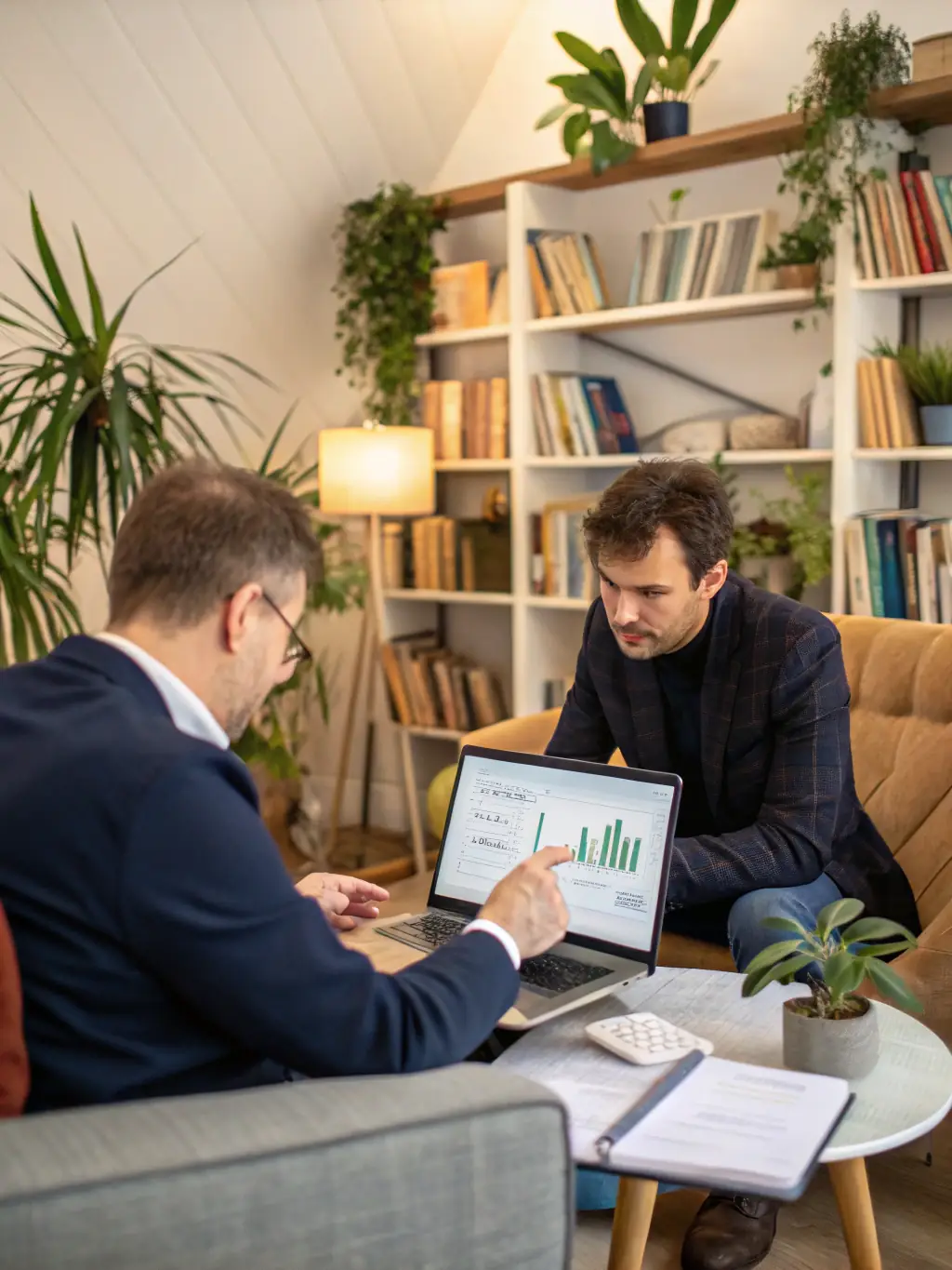 A consultant presenting a performance report to a business owner, highlighting key metrics and areas of improvement.