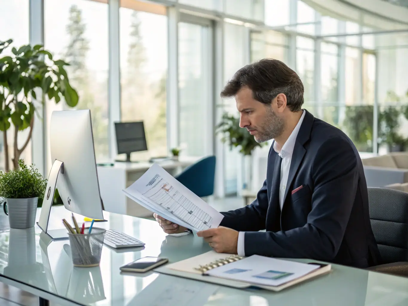 A professional businessman confidently reviewing financial reports in a modern office setting, symbolizing improved cash flow and financial management.