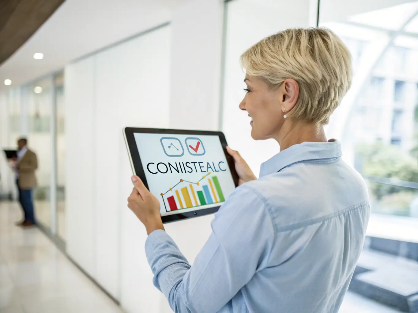 A business owner making a confident decision while reviewing data on a tablet, illustrating improved decision-making through data-driven insights.