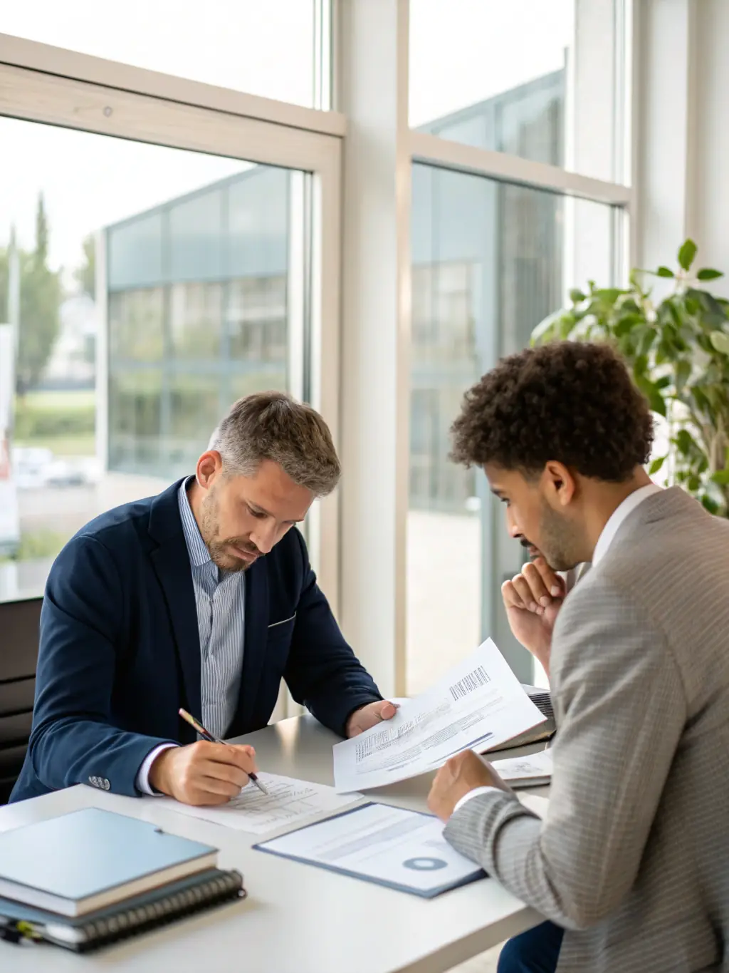 A professional business consultant reviewing financial documents with a small business owner in a modern office setting, emphasizing collaboration and trust.