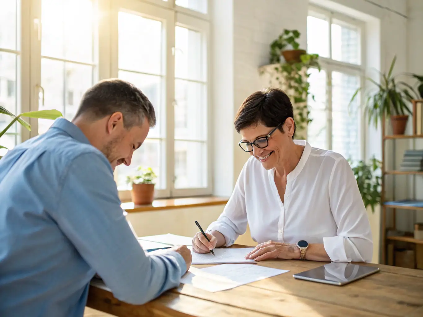 An image of a business consultant reviewing financial documents with a client, highlighting analysis and strategic planning. The consultant is pointing at a specific data point on the document, emphasizing the importance of detailed analysis.