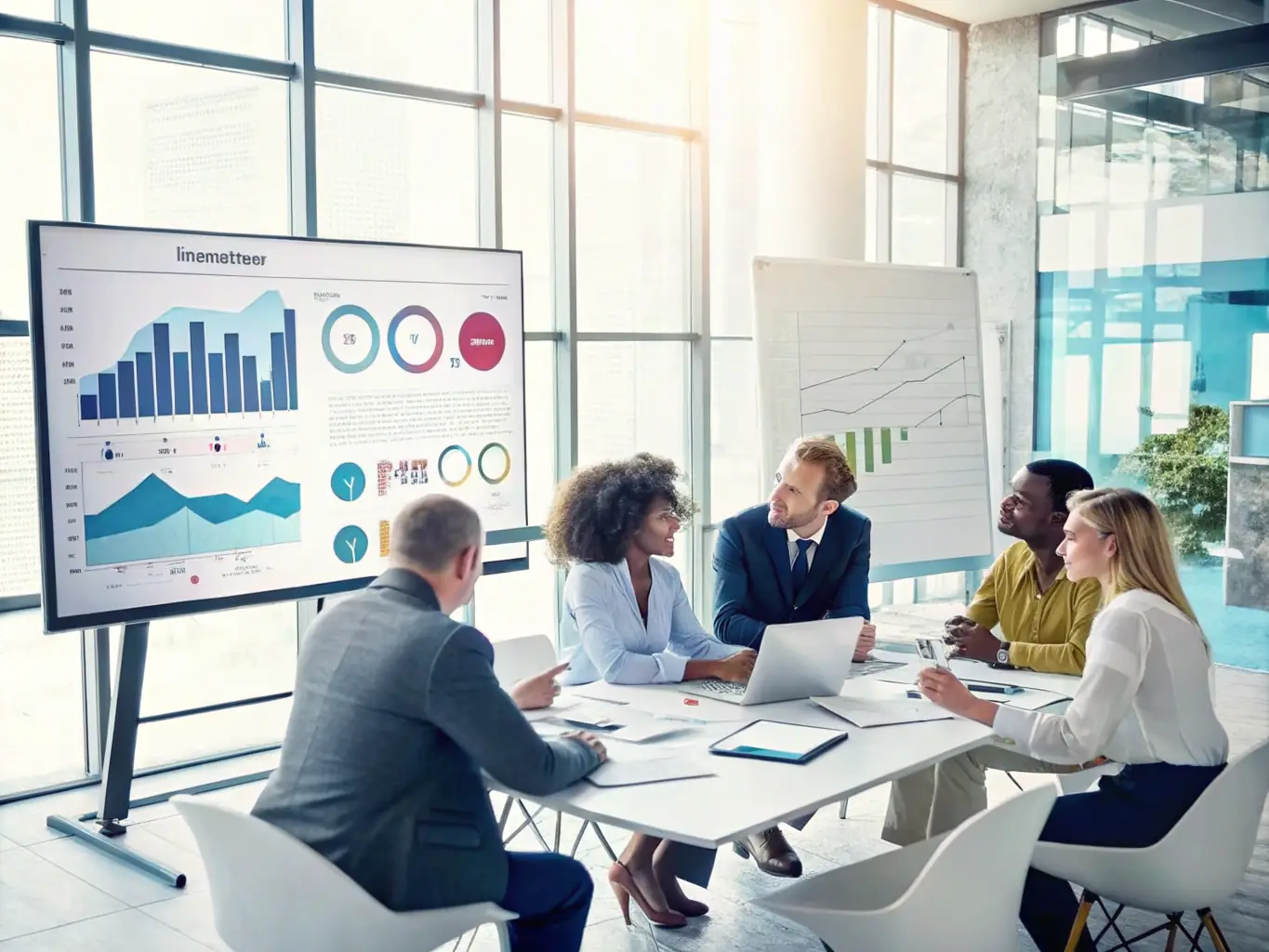 A team of consultants collaborating on a project in a bright, modern office, representing reduced operational costs through strategic consulting.