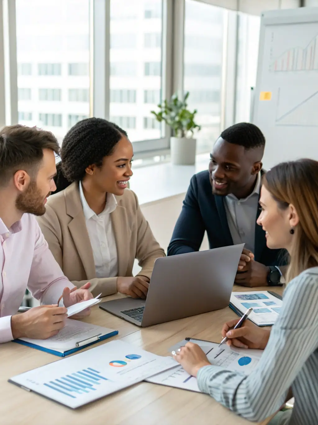 A diverse group of business professionals collaborating around a table, reviewing data and discussing strategies for growth and innovation.